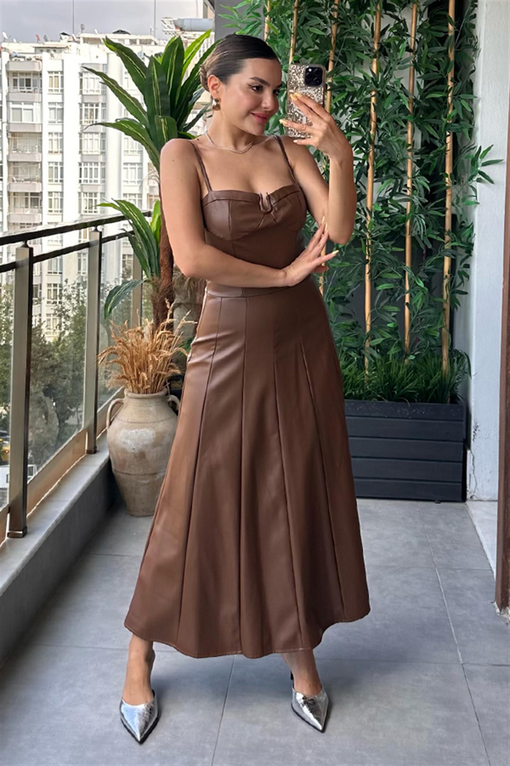 Aloha Kahve Deri Maxi Elbise