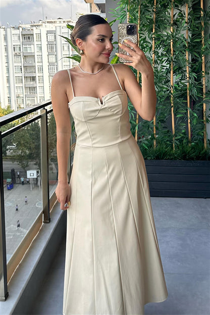 Aloha Krem Deri Maxi Elbise