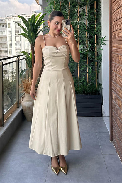 Aloha Krem Deri Maxi Elbise