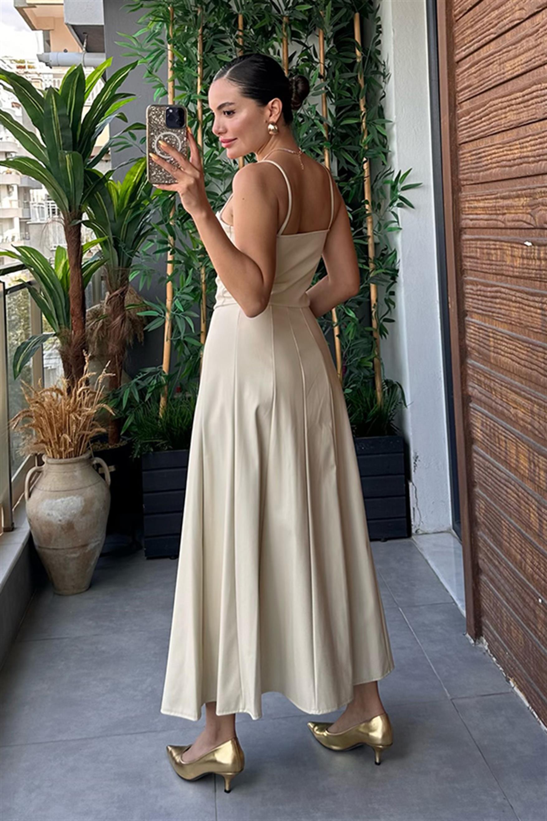 Aloha Krem Deri Maxi Elbise