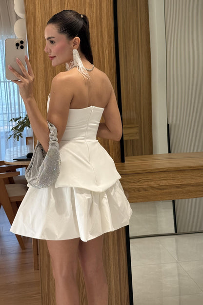 Alveta Beyaz Straplez Balon Elbise