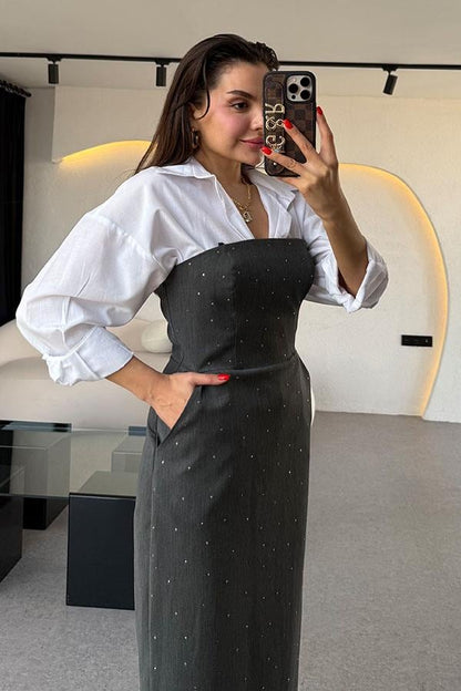 Alyce Straplez Taş Detaylı Elbise