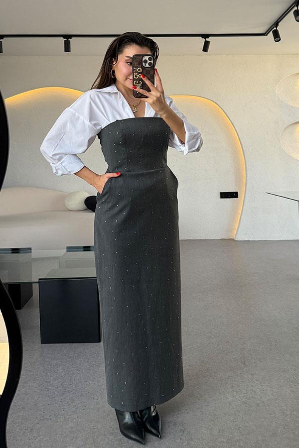 Alyce Straplez Taş Detaylı Elbise