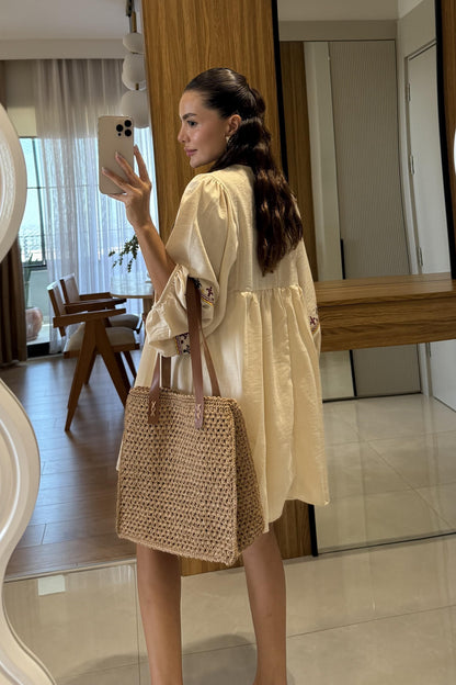 Ambrose Keten İşlemeli Mini Elbise