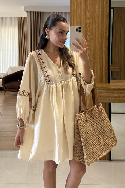 Ambrose Keten İşlemeli Mini Elbise