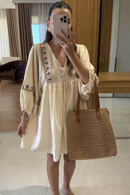 Ambrose Keten İşlemeli Mini Elbise