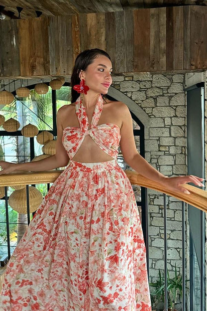 Amella Kırmızı Çiçekli Etekli Crop Takım