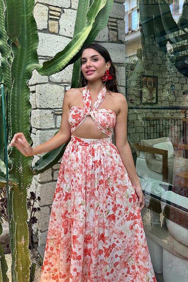 Amella Kırmızı Çiçekli Etekli Crop Takım