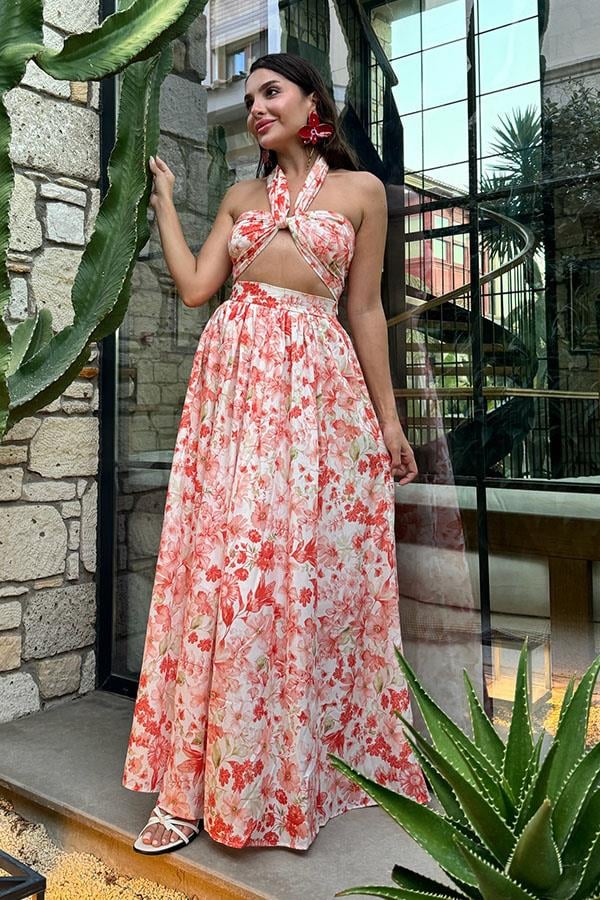 Amella Kırmızı Çiçekli Etekli Crop Takım