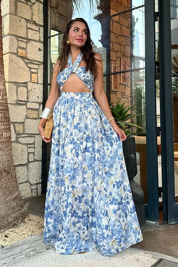 Amella Mavi Çiçekli Etekli Crop Takım