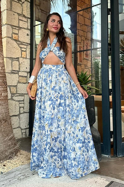 Amella Mavi Çiçekli Etekli Crop Takım