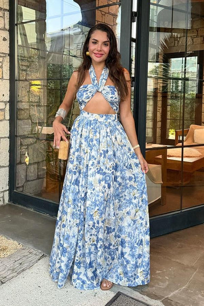 Amella Mavi Çiçekli Etekli Crop Takım