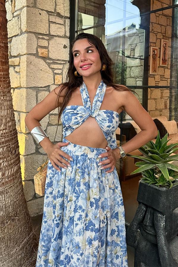 Amella Mavi Çiçekli Etekli Crop Takım