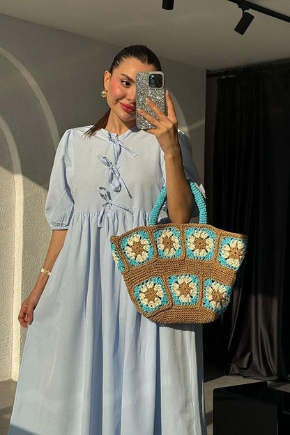 Amina Kurdele Detaylı Elbise-Bebe Mavi