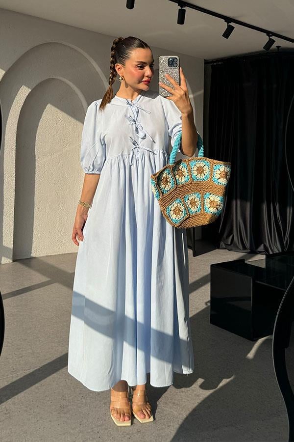 Amina Kurdele Detaylı Elbise-Bebe Mavi