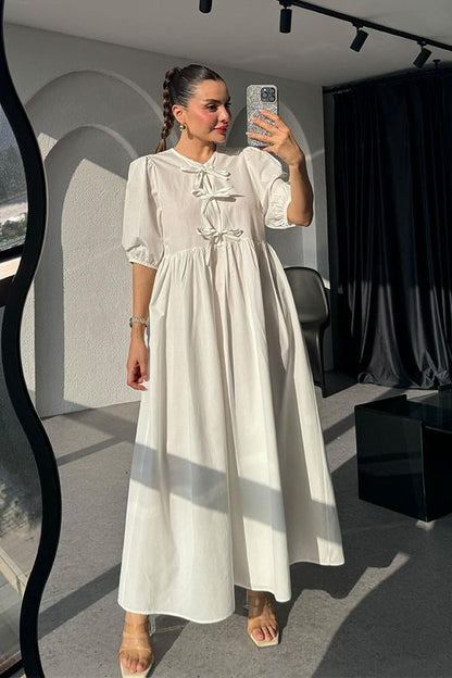 Amina Kurdele Detaylı Elbise-Beyaz
