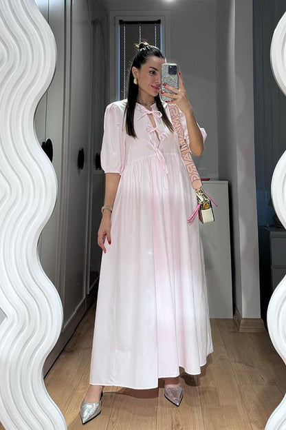 Amina Kurdele Detaylı Toz Pembe Elbise