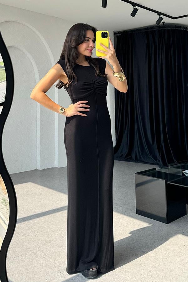 Amory Büzgülü Çımalı Elbise-Siyah