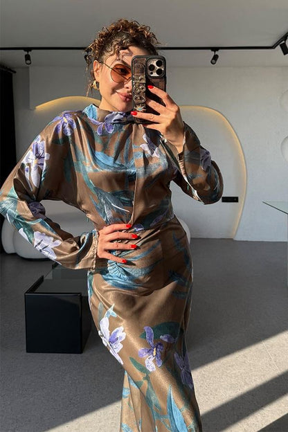 Anastasya Çiçek Desenli Saten Elbise