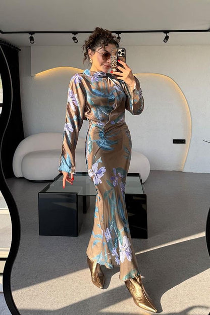 Anastasya Çiçek Desenli Saten Elbise