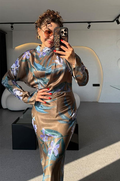 Anastasya Çiçek Desenli Saten Elbise