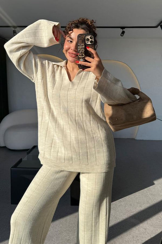 Andrey Krem Polo Yaka Çizgi Detaylı Triko Takım