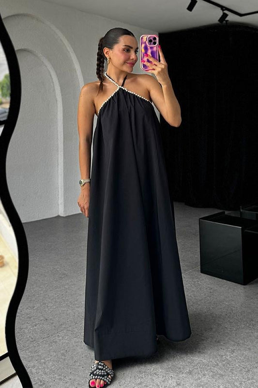 Anevay İnci Askılı Poplin Elbise-Siyah