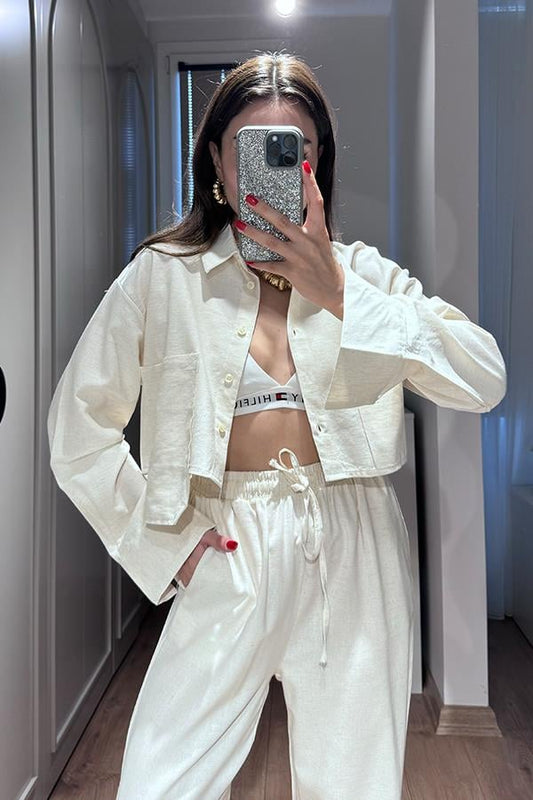 Annet Cep Detaylı Keten Takım - Ekru