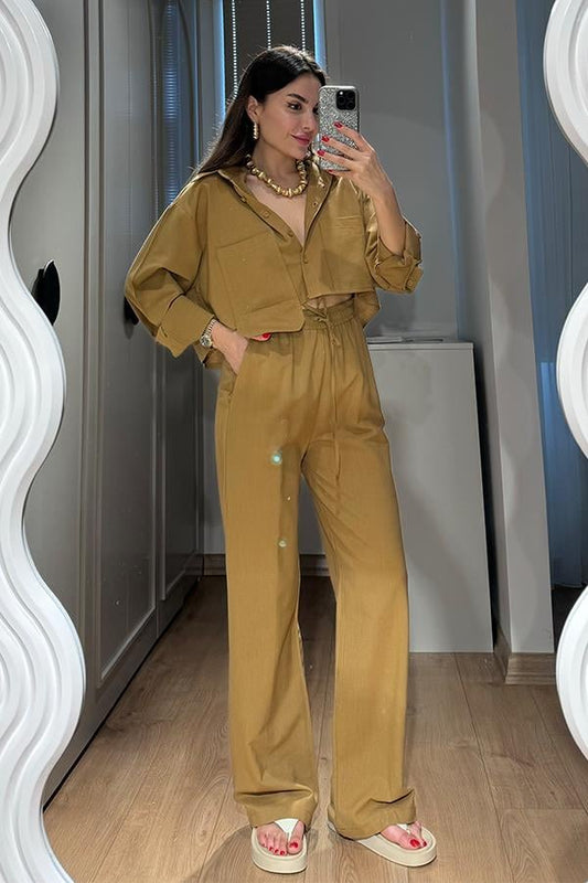 Annet Cep Detaylı Keten Takım - Hardal