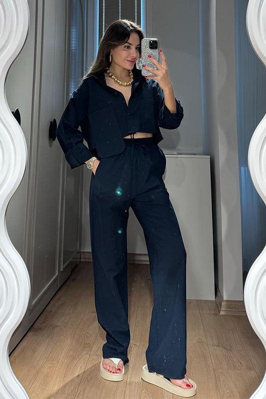 Annet Cep Detaylı Keten Takım - Lacivert