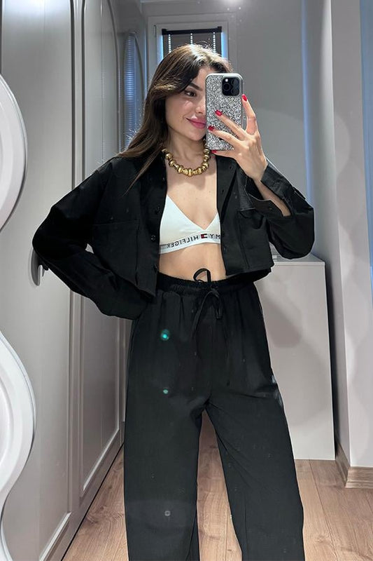 Annet Cep Detaylı Keten Takım - Siyah