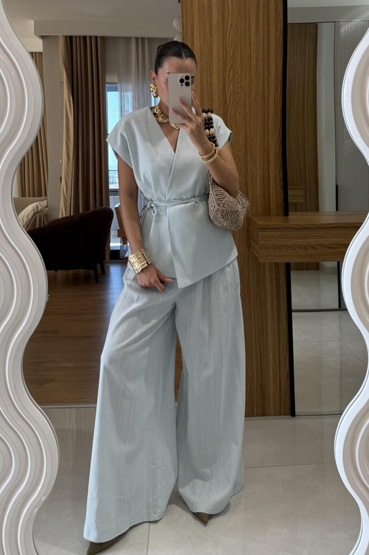 Anselie Mavi Keten Yelek Pantolon Takım