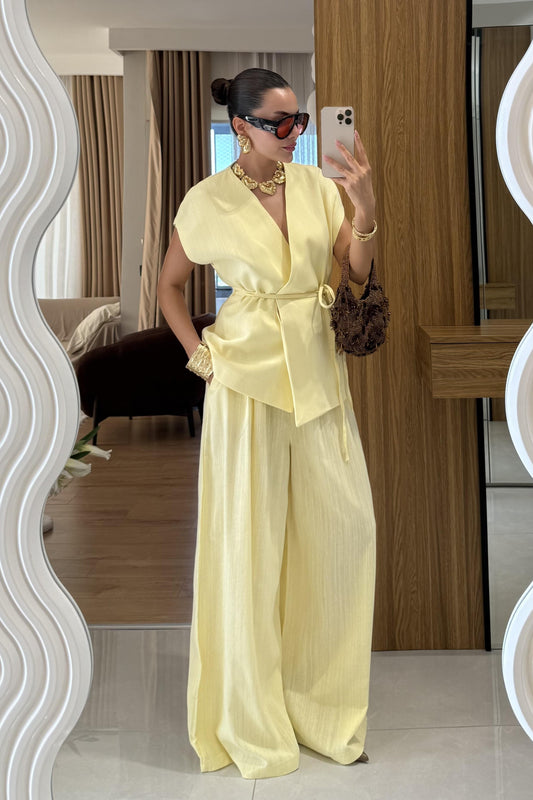 Anselie Sarı Keten Yelek Pantolon Takım