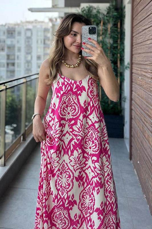 Anye İp Askılı Çiçekli Elbise - Pembe