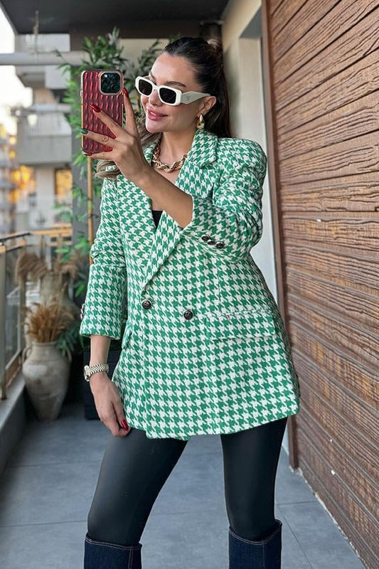 Aoron Kazayağı Desenli Blazer Ceket - Yeşil