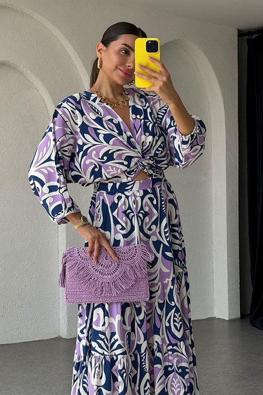 April Mor Geçişli Karışık Desen Elbise