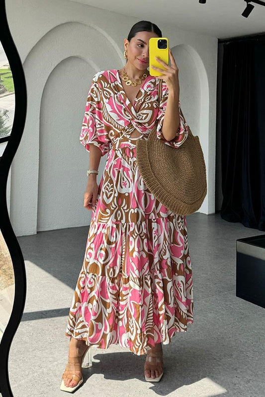 April Pembe Geçişli Karışık Desen Elbise