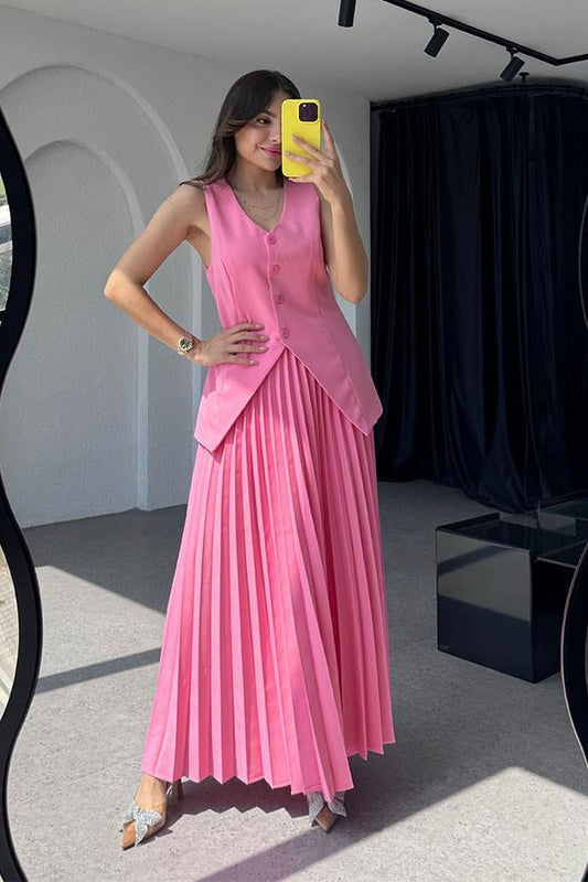 Ardea Piliseli Etekli Tasarım Takım-Pembe