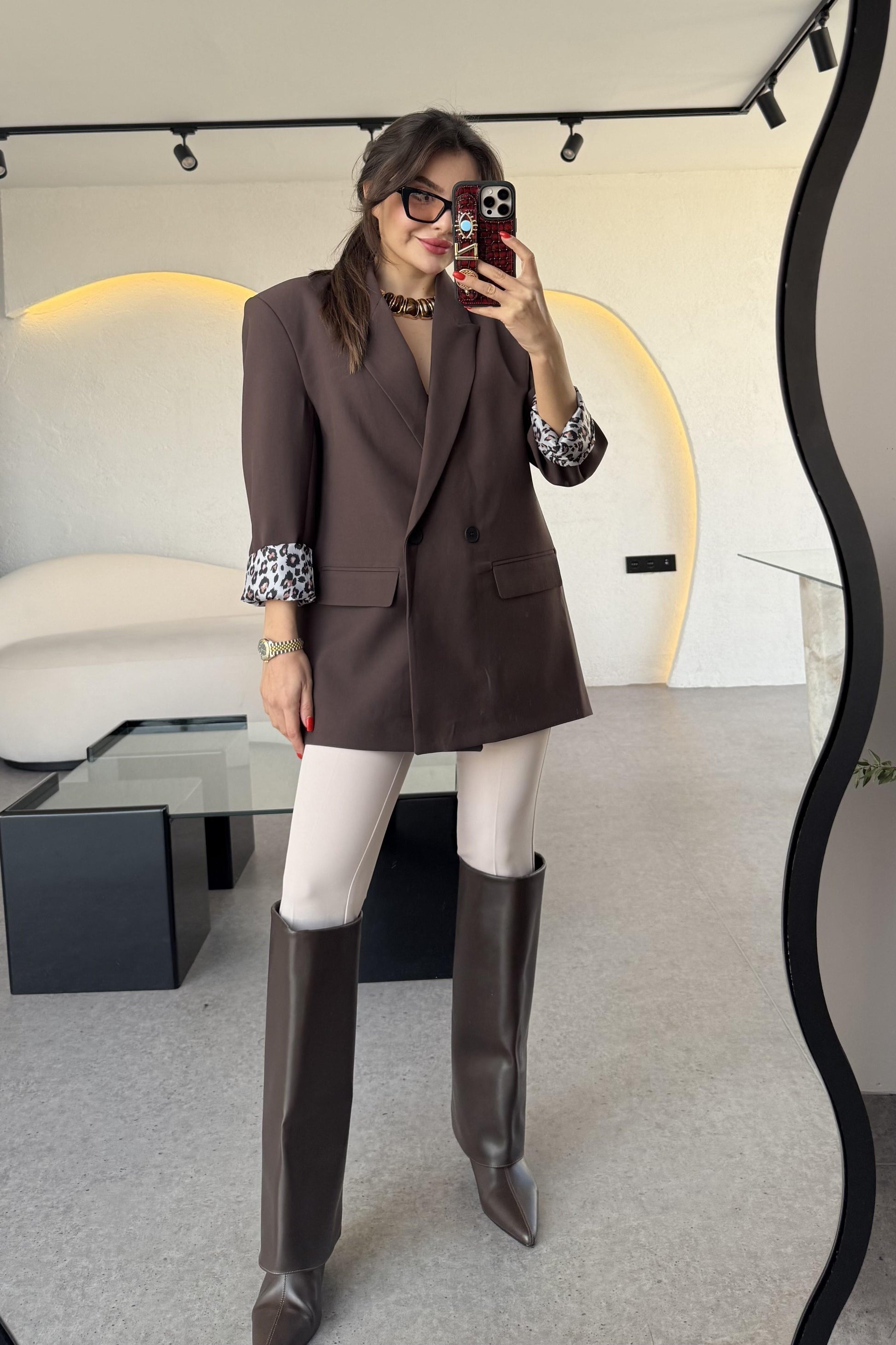 Aspera Acı Kahve Leopar Astarlı Blazer