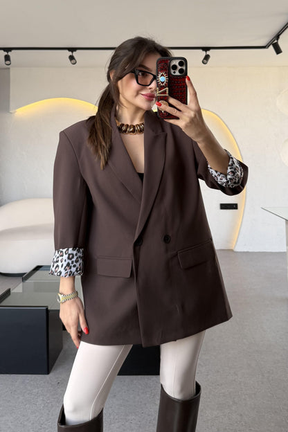 Aspera Acı Kahve Leopar Astarlı Blazer