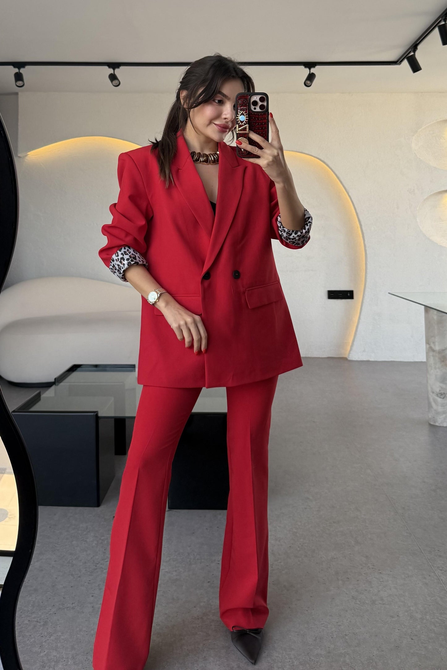 Aspera Kırmızı Leopar Astarlı Blazer