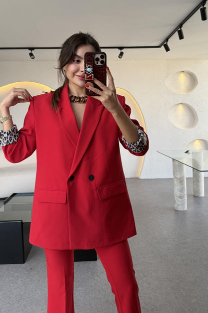 Aspera Kırmızı Leopar Astarlı Blazer
