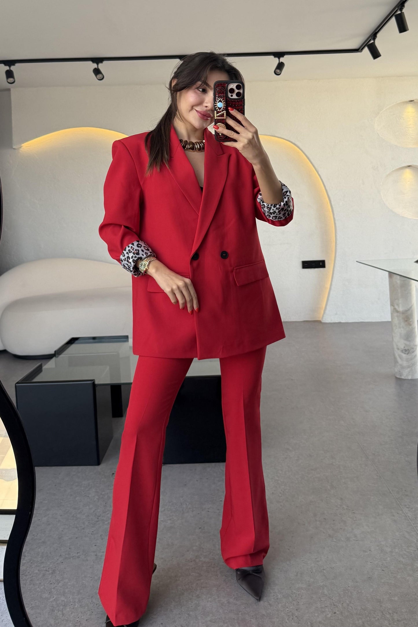 Aspera Kırmızı Leopar Astarlı Blazer