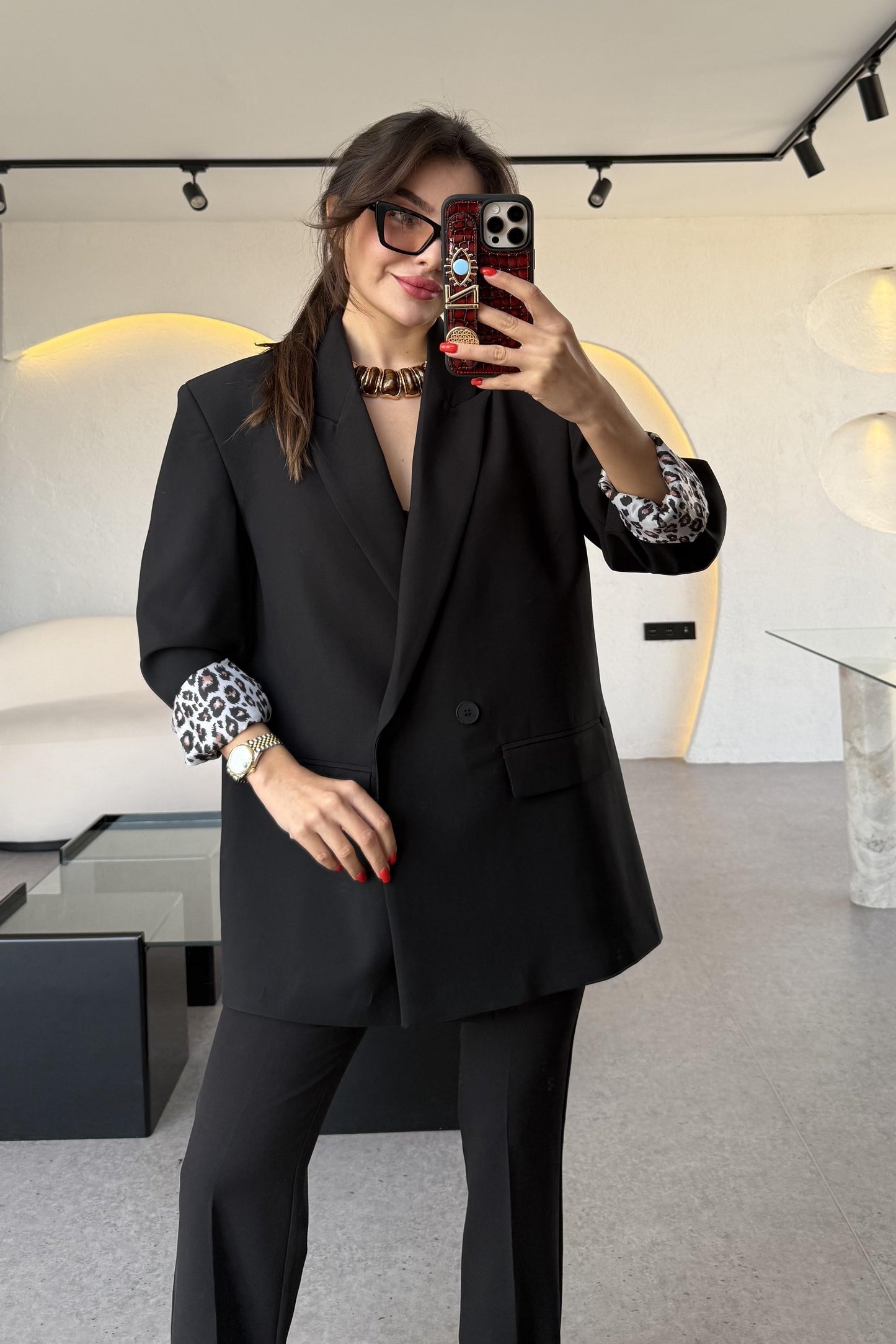 Aspera Siyah Leopar Astarlı Blazer