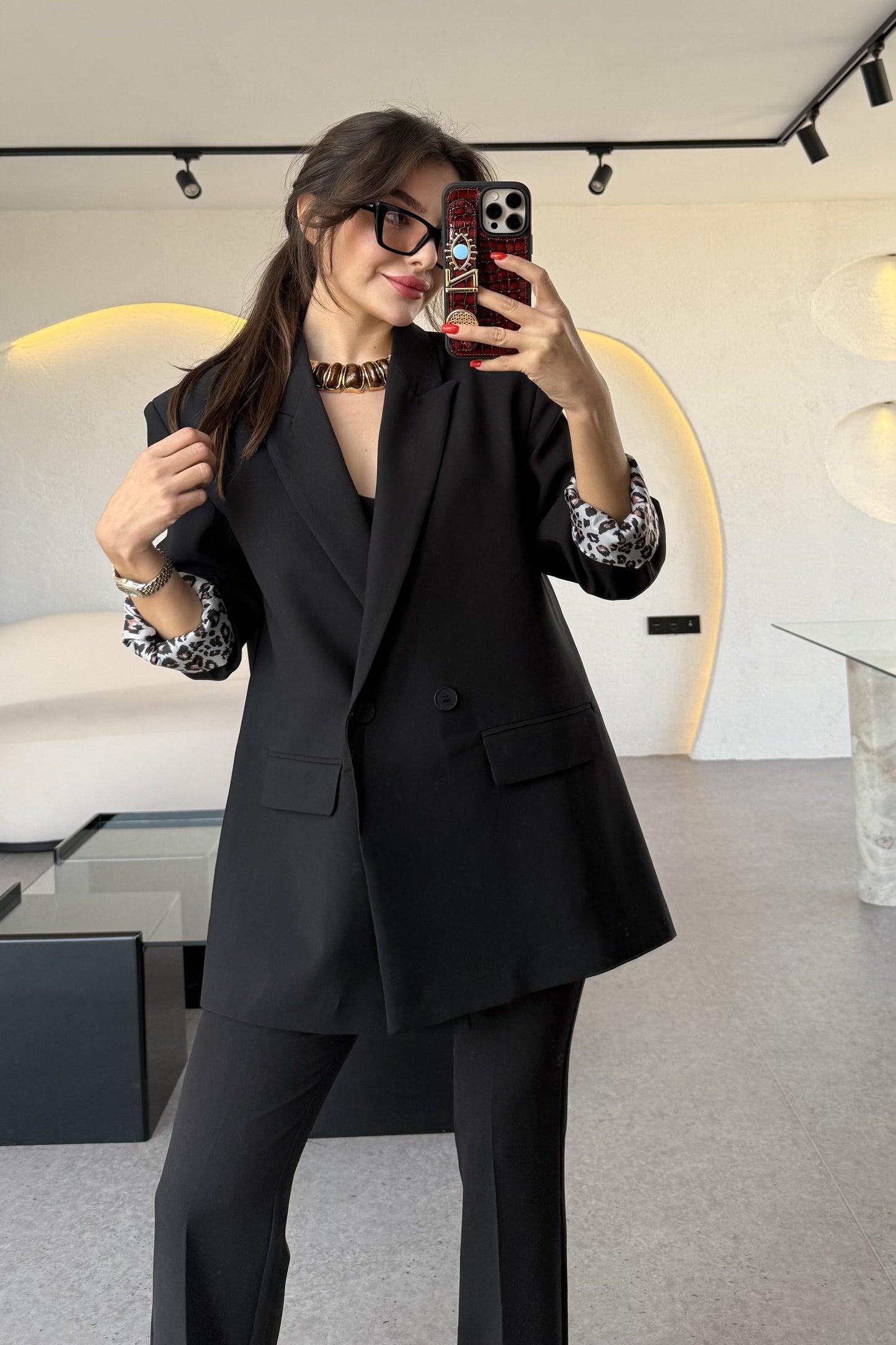 Aspera Siyah Leopar Astarlı Blazer