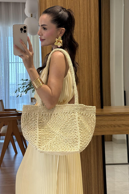 Astraia Sarı Piliseli İp Askılı Uzun Elbise