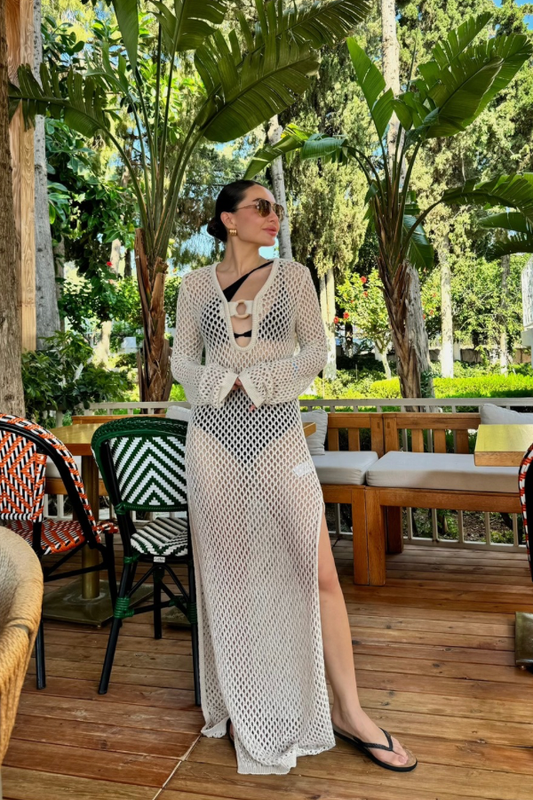 Atina fileli plaj elbisesi-Bej