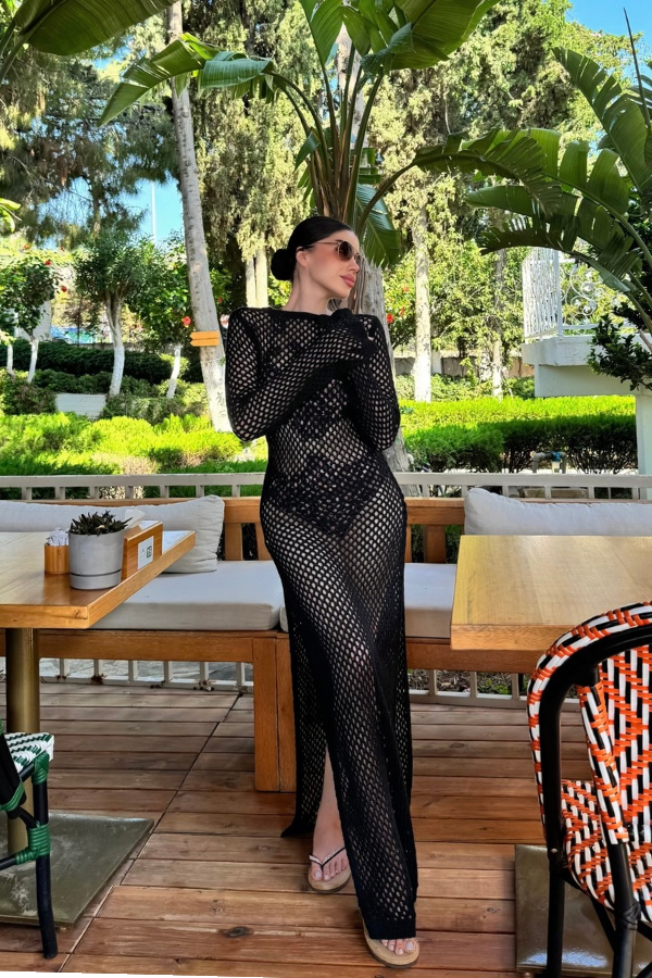 Atina fileli plaj elbisesi-Siyah