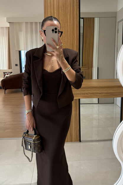 Aurella Kahve Blazer-Elbise Premium Takım