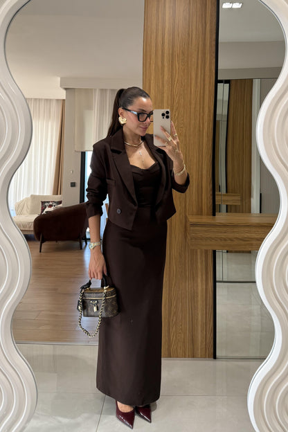 Aurella Kahve Blazer-Elbise Premium Takım
